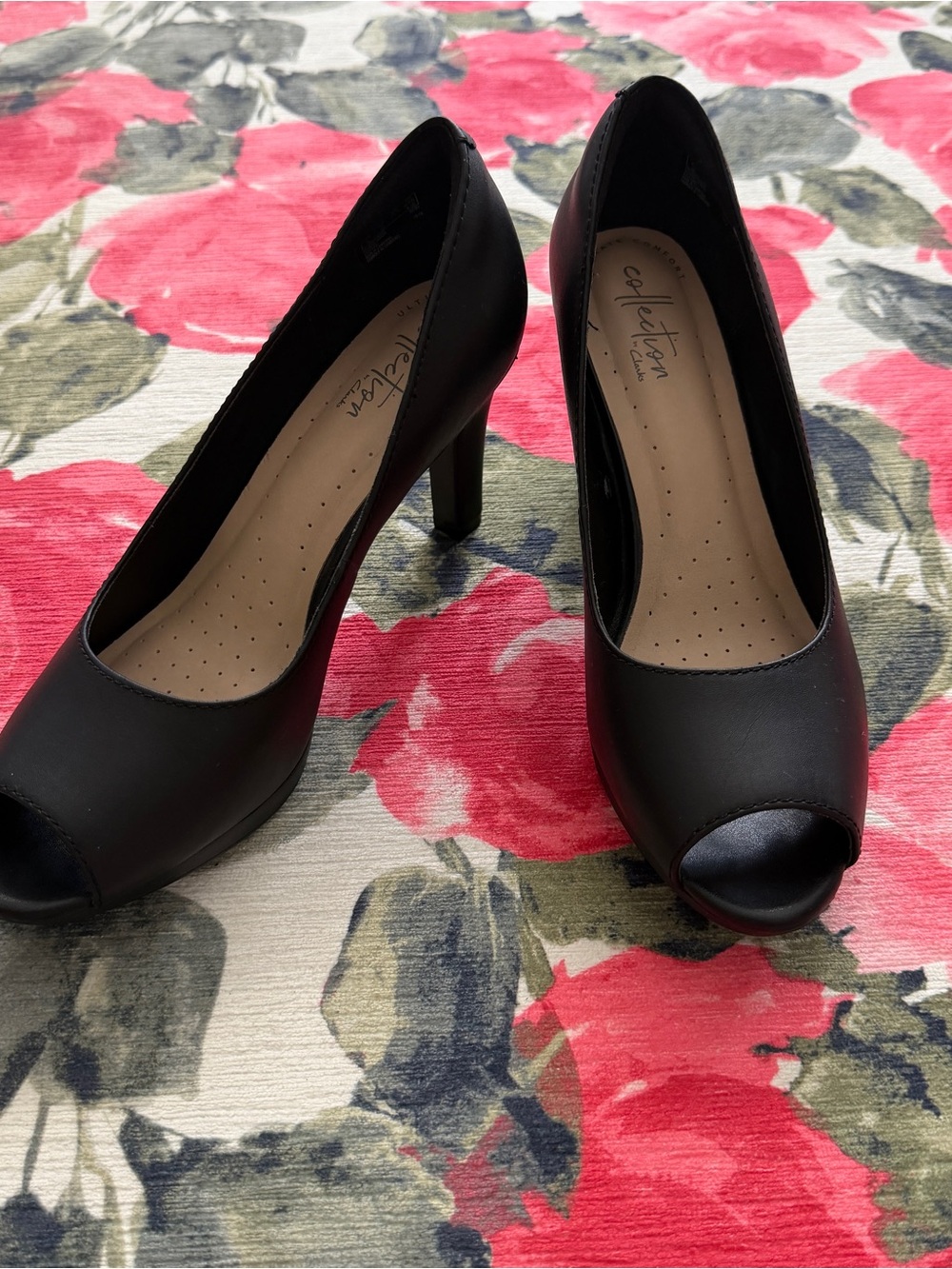 Clarks Black Peep-Toe Heels